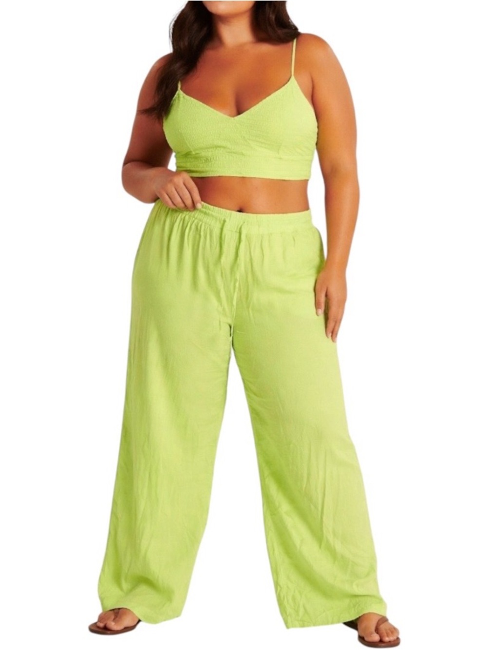 NEW ACOA Lime Green Smocked Crop Top Wide Leg Pants Matching Set Large Vacation